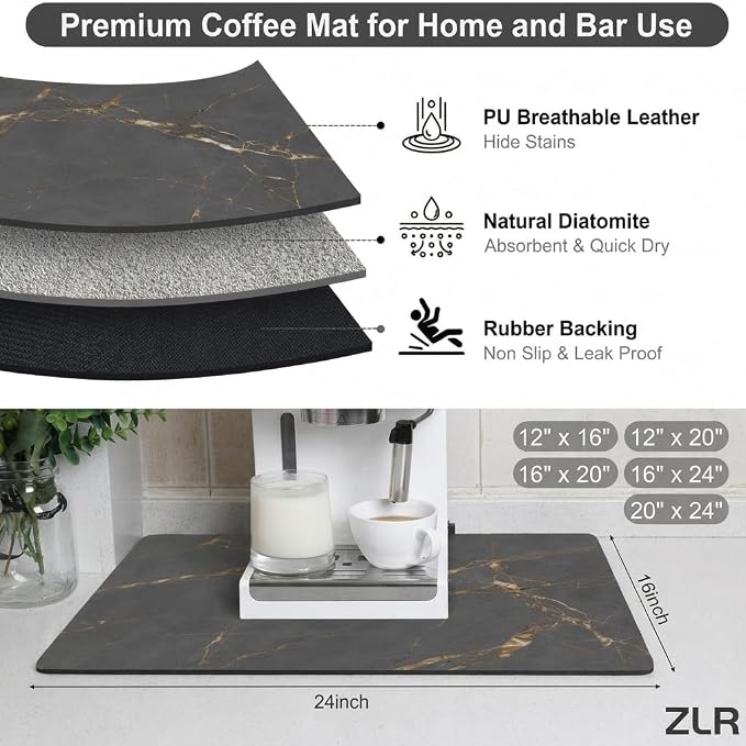 ZLR Large Coffee Bar Mat for Coffee Station, Marble Gray | Oversized Counter - Image 2