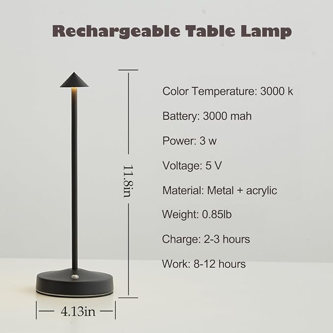 Rechargeable Cordless Table Lamp, 3000mAh Battery Operated Table lamp, Portable - Image 3