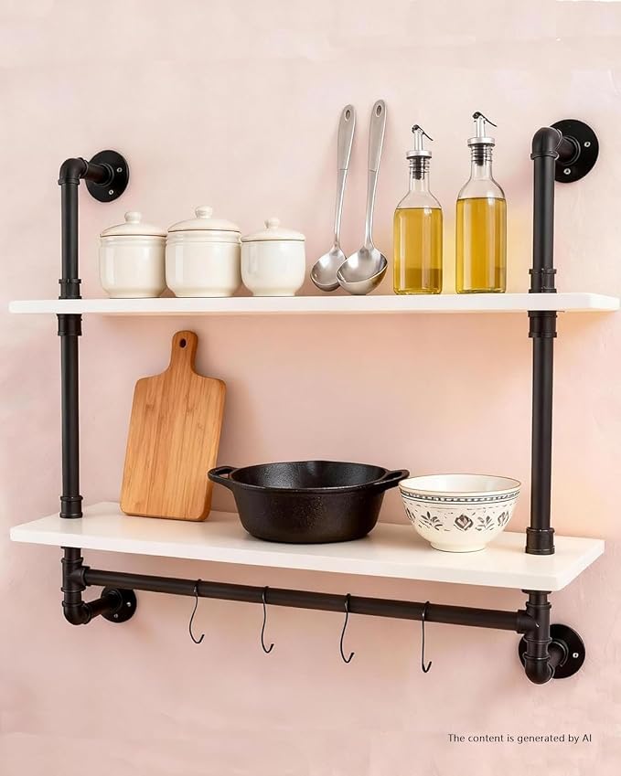 ROGMARS White Floating Wall Shelves Industrial Pipe Shelving 30 Inch Wood - Image 3