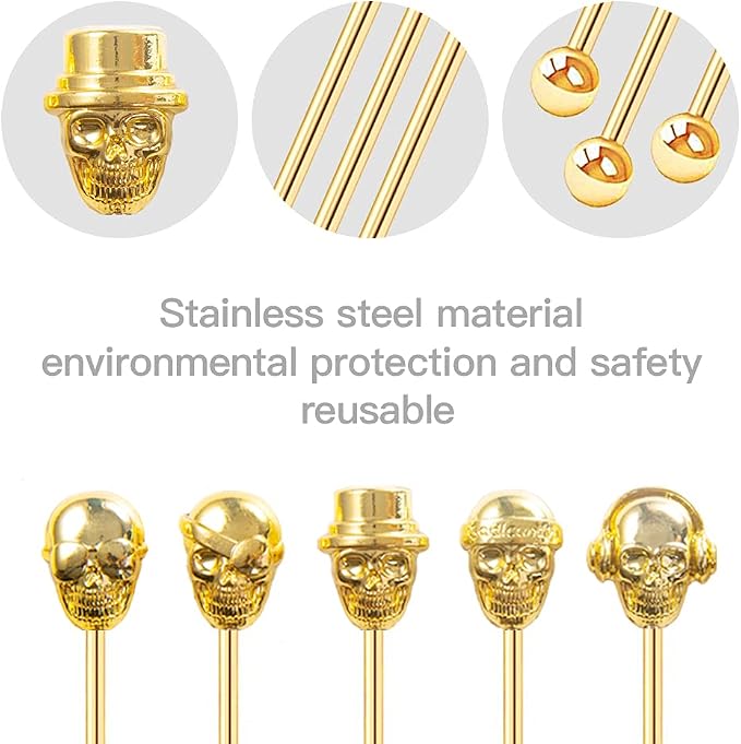 Skull Shape Swizzle Sticks, Reusable Stainless Steel Coffee Beverage Stirrers - Image 3