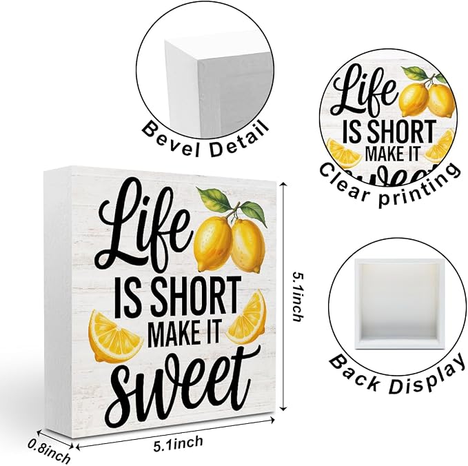 Inspirational Quote Life is Short Make it Sweet Wood Box Sign, Rustic Lemon - Image 2