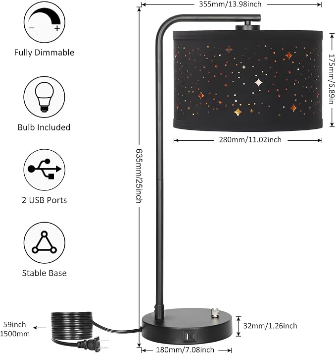 Bedside Table Lamp with USB C+A Ports, Fully Dimmable Modern Nightstand Side - Image 2
