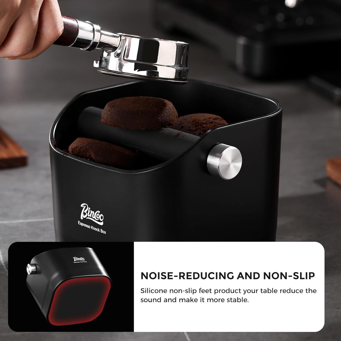 Bincoo Square Coffee Knock Box 0.8L – ABS Espresso Knock Bin with Non-Slip Base, Wide 4.6" Slanted Opening & Detachable Silicone Knock Bar for Easy Cleaning and Quiet Use(Black square)