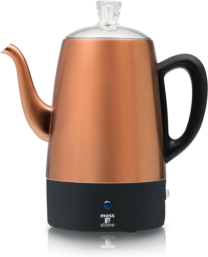 Moss & Stone 10 Cup Copper Percolator Coffee Pot Electric, Stainless Steel by Mossstone