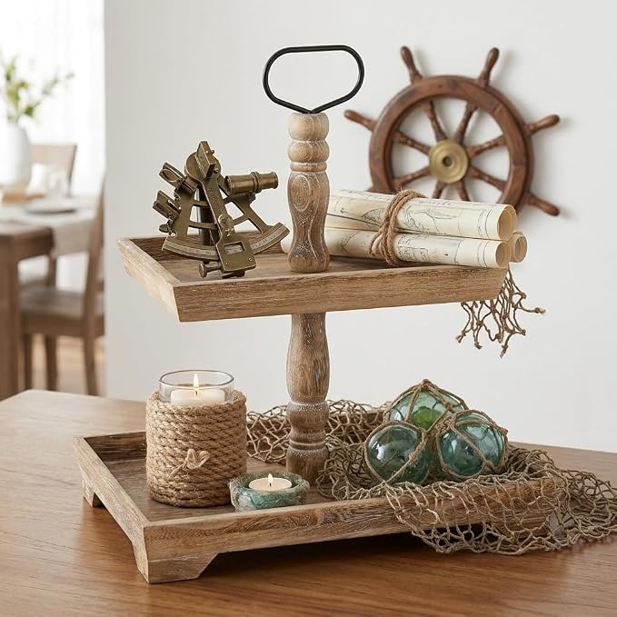 Hanobe Tiered Tray for Table Decor: 2 Tier Coastal Decorative Tray Stand | - Image 3