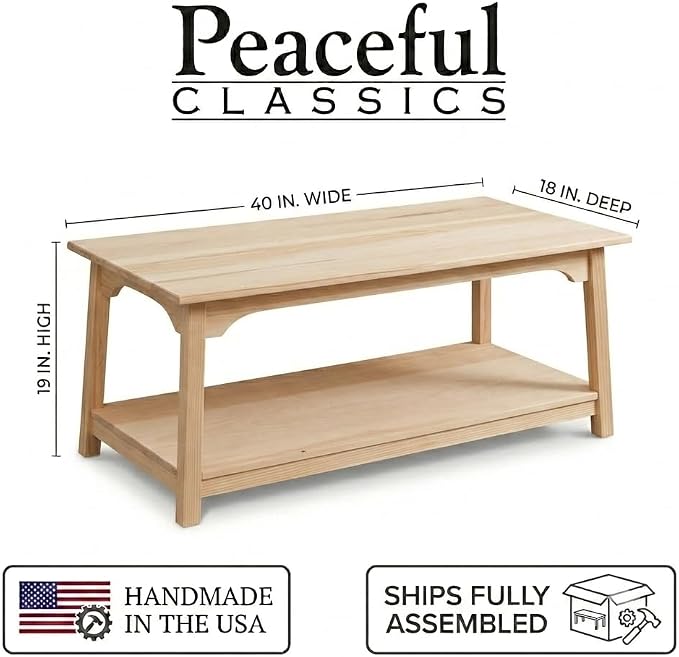 Peaceful Classics Rustic Wood Shaker Coffee Table Amish Furniture, 2 Tier - Image 3