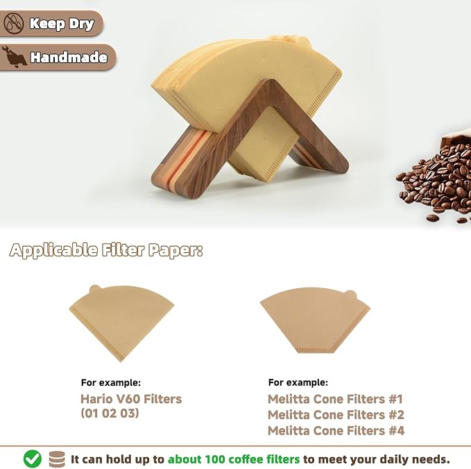 Wooden Coffee Filter Holder, #1#2#4 V60 Cone Coffee Filters Rose Wood Walnut - Image 3
