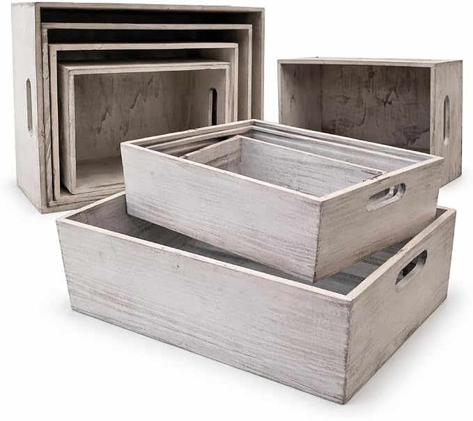 Oojami 4 Pack Nesting Wooden Storage Crates – Decorative Whitewashed Wood Boxes - Image 3