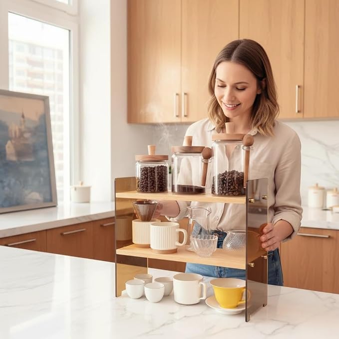 Coffee Station Organizer 2 Tier, Solid Wood Mug Shelffor Coffee Bar, Matcha - Image 5