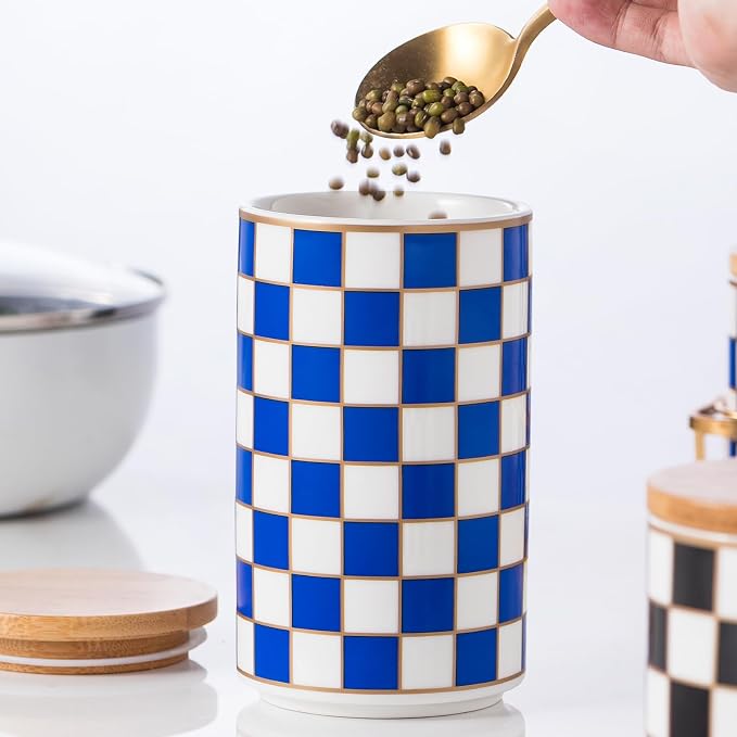 Kitchen Countertop Ceramic Checkered Canisters, Airtight Kitchen Canisters by XYQXYQ