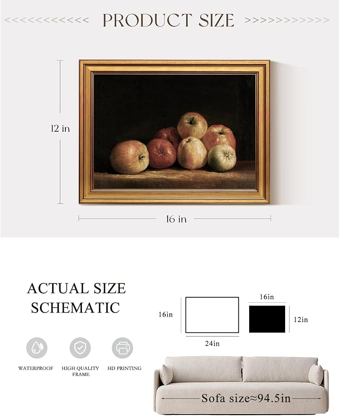 ARPEOTCY Gold Framed Canvas Art Prints, Retro Apple Fruit Art Painting - Image 3