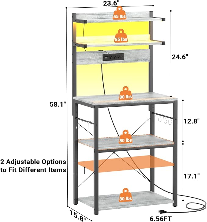 Aheaplus Bakers Rack with Power Outlet, Microwave Stand, 5 Tiers Coffee Bar - Image 7