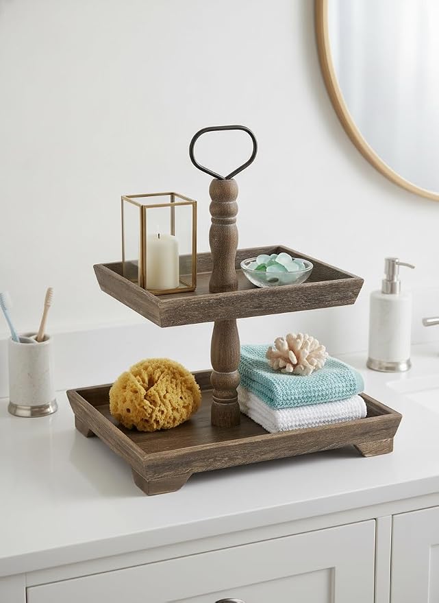 Hanobe Tiered Tray for Table Decor: 2 Tier Coastal Beach Decorative Stand | - Image 6