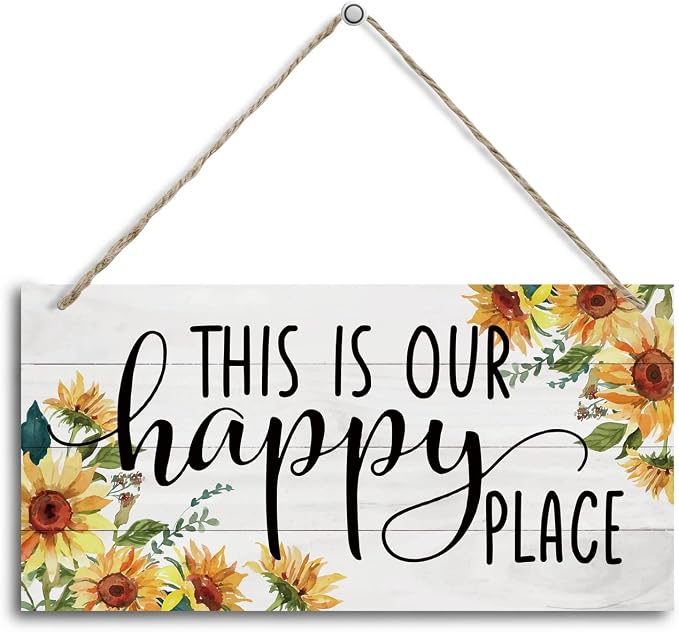 Sunflower Theme Wood Decor Sign, This Is Our Happy Place, Hanging Printed by HALUOSI