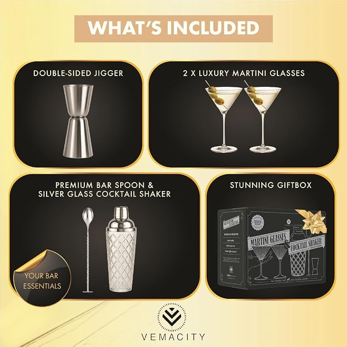 VEMACITY - Silver Luxury Home Mixology Cocktail Shaker Set - Glass Shaker with - Image 2