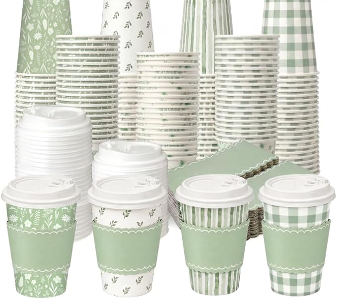 Whaline 60 Sets 12Oz Sage Green Paper Coffee Cups by Whaline