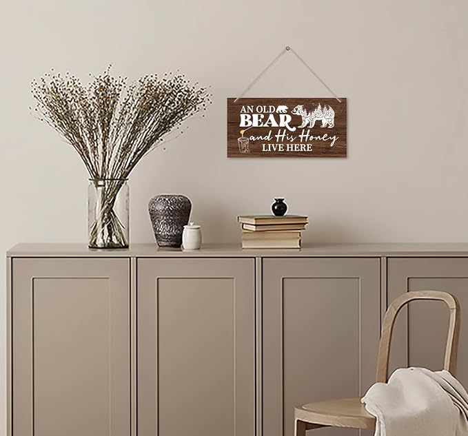 Funny Animal Theme Wood Decor Sign, Old Bear and His Honey Live Here, Hanging - Image 3