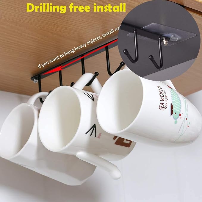 AliCH Mug Holder 2pcs Under Cabinet Mug Hooks Rack, Nail Free Coffee Cups Holder - Image 5