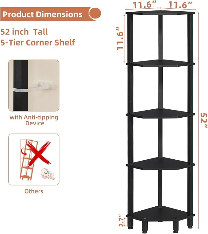 YUFAM 5-Tier Corner Shelf with Sturdy 5-Leg Base, Wooden Corner Bookshelf - Image 2