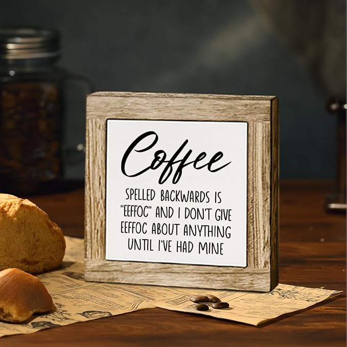 Humor Coffee Bar Decor, Funny Coffee Spelled Backwards Decor Sign, Cafe Wooden - Image 4