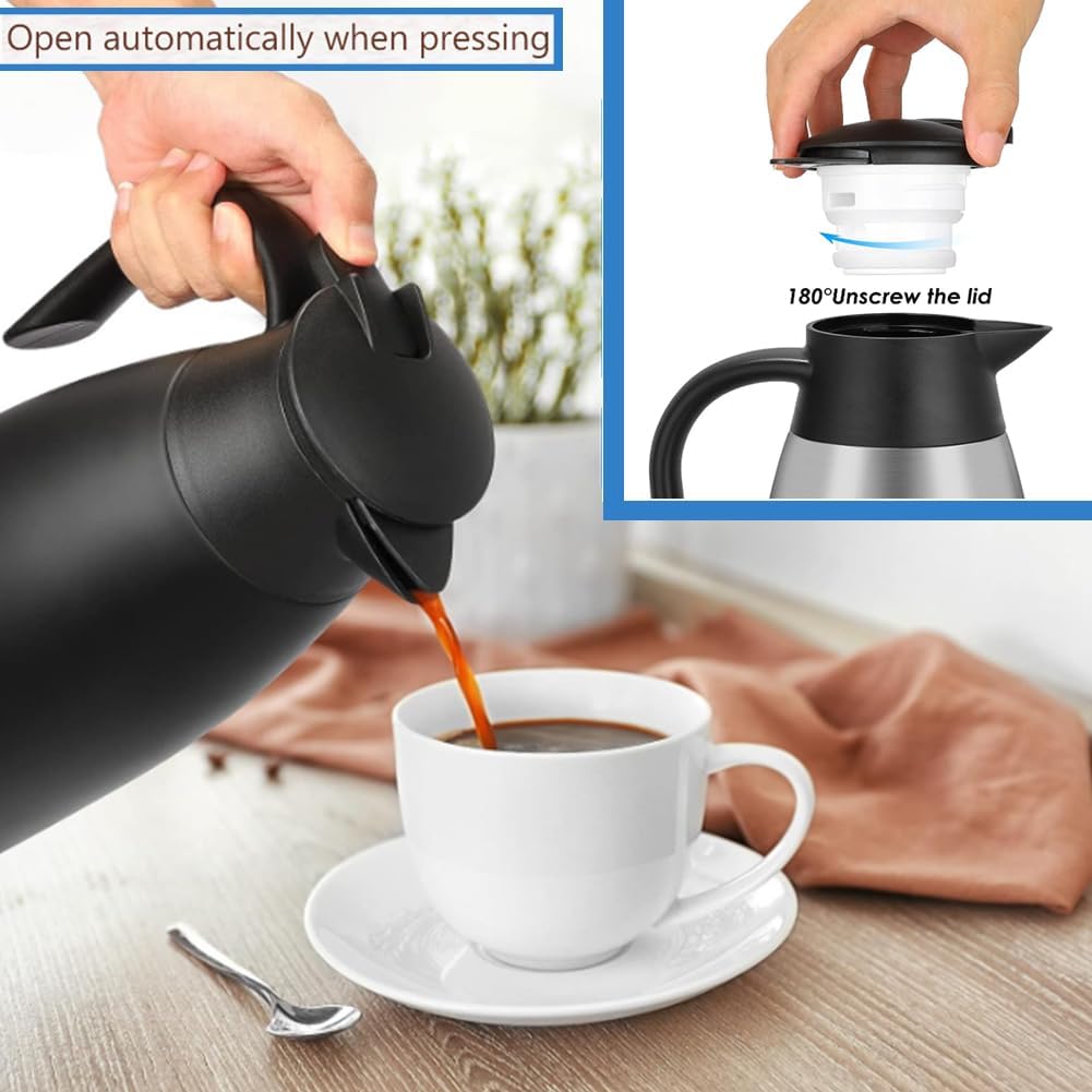 Thermal Coffee Carafe 70 oz / 2L Insulated Stainless Steel, Coffee Carafes Double Walled Vacuum Pot Flask - Hot Beverage Dispenser/Water, Tea - Keep 12/24 Hours Hot/Cold (Black)