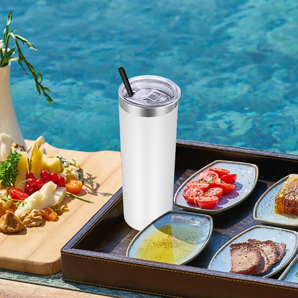 VEGOND Stainless Steel Skinny Tumbler, 20 oz Vacuum Insulated Tumbler with Lid and Straw, Double Wall Coffee Cup, Travel Mug for Cold Hot Drinks, White 1 Pack