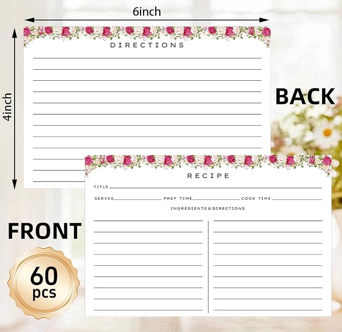 Recipe Cards 4x6, 60 Pack Double Sided Thick Recipe Index Cards Floral | 350gsm - Image 2