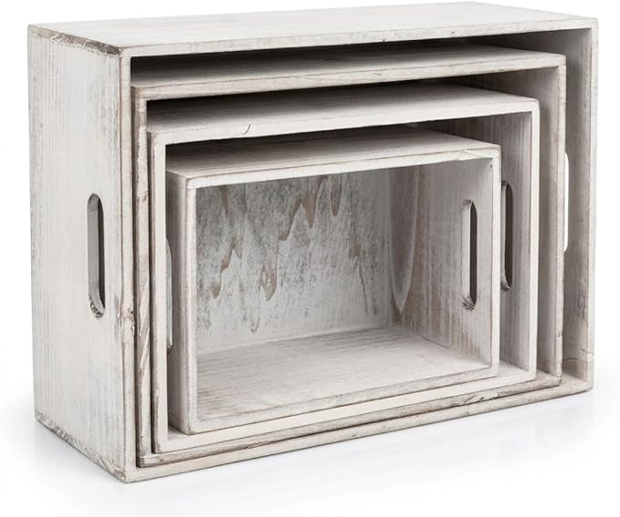 Oojami 4 Pack Nesting Wooden Storage Crates – Decorative Whitewashed Wood Boxes by Oojami