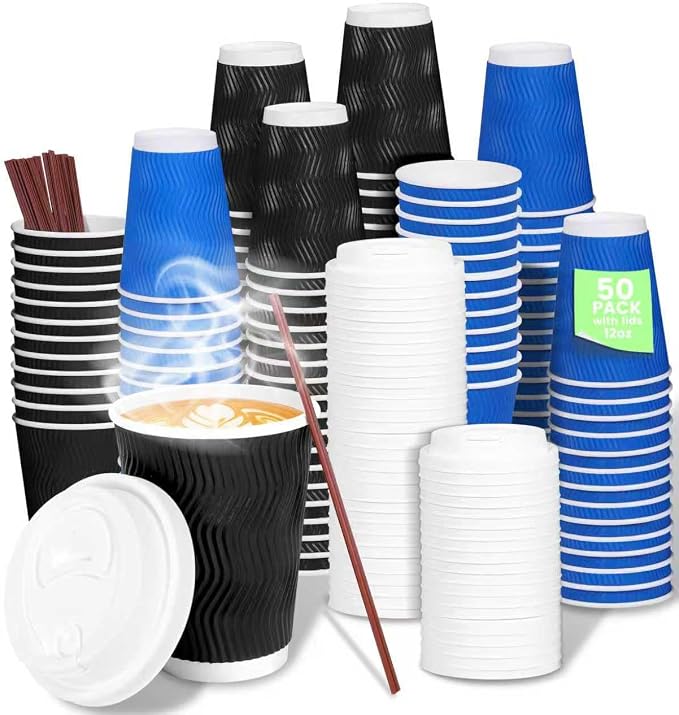 50 Pack 12 oz Disposable Paper Coffee Cups by BIBBOO