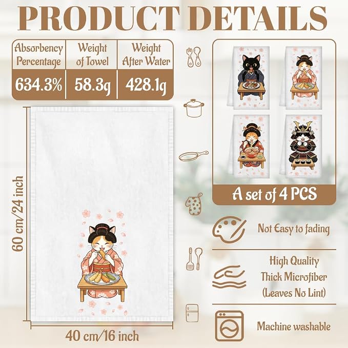 WADORN 4 Styles Funny Cats Kitchen Towels - Image 2