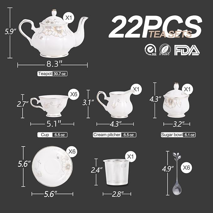 CHENP.HMC Tea Set 22-Piece Porcelain Ceramic Coffee Tea Gift Sets Cups Saucer - Image 3
