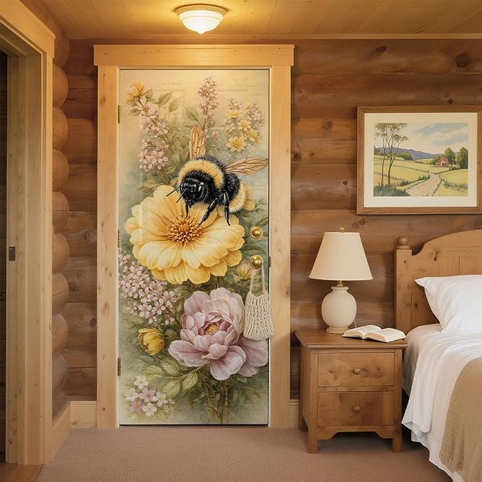 2 Pcs Bee Flower Removable Refrigerator Wraps, Self-Adhesive Vintage Floral Bee - Image 6