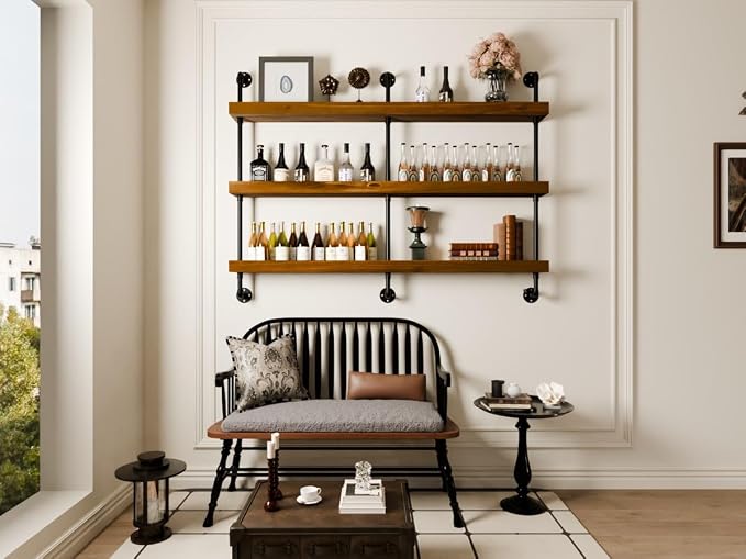 Industrial Wine Rack Wall Mounted, Solid Wood Shelf - Image 9