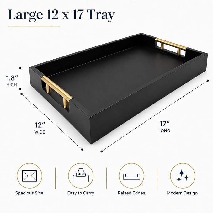 Luxury Black Ottoman Tray with Gold Handles – 12x17 Large Decorative Serving - Image 3