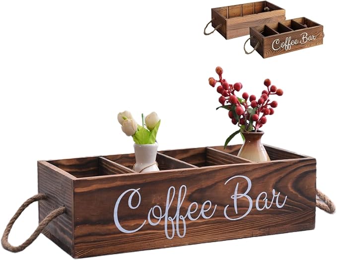Coffee Station Organizer with Removable Dividers Rustic Bar Accessories Storage by LONGTAO