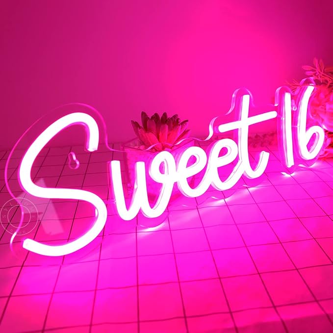 SYLHOME Pink Sweet 16 LED Neon Light Sign Sweet Girls Adults Bedroom Happy 16th - Image 7