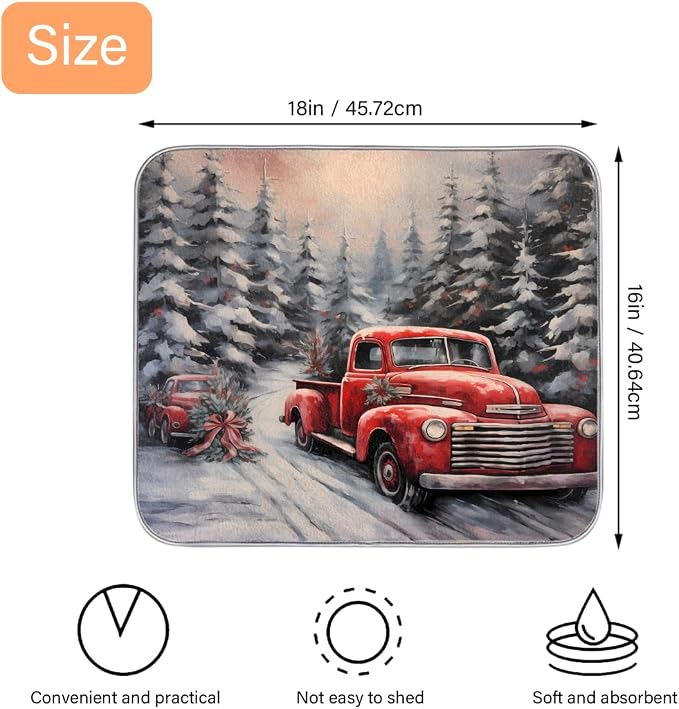 Xmas Red Truck Dish Drying Mat, Kitchen Counter Quick Dry Pads - Image 2