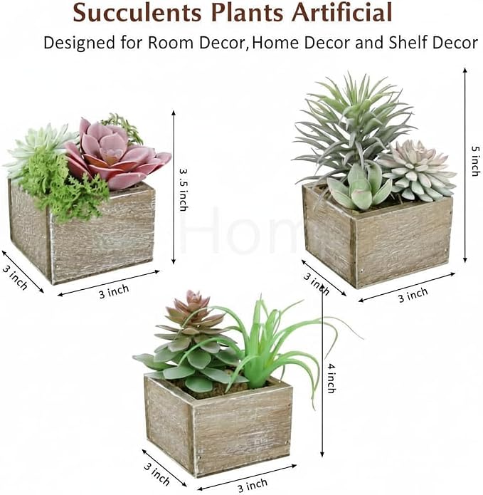 Succulent Plants Artificial, 3 Pack Small Fake Plants in Wood Pot - Image 2
