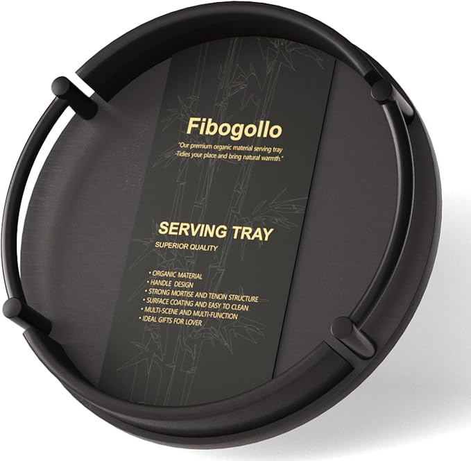 Fibogollo Bamboo Tray with Metal Handle, 9.84inches; Ottoman-Style Round by Fibogollo