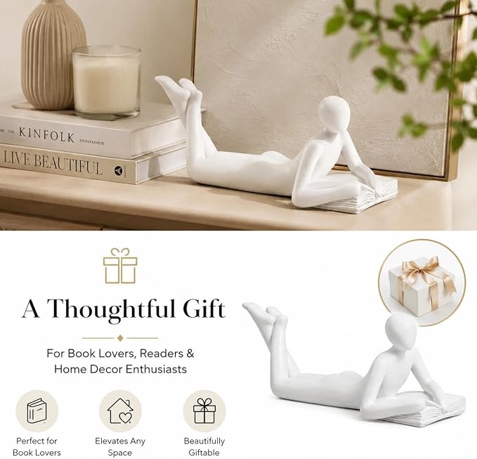 White Reading Statue Style A, Abstract Reader Figurine, Resin Book Decor - Image 6