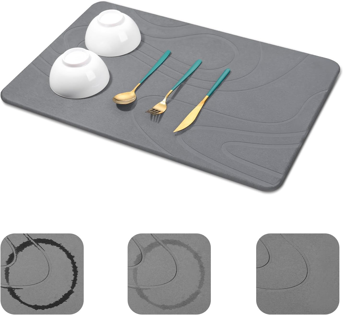 Large Stone Drying Mat for Kitchen Counter - 24"x16" Dirt-Resistant Quick Drying Fast Absorbent Non-Slip Diatomite Mat, Natural Diatomaceous Earth Dish Drying Pad for Dish Rack(Dark Grey)