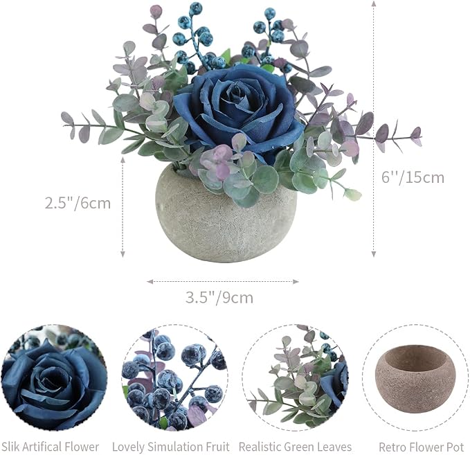 Small Artificial Blue Rose Potted Plant, Mini Faux Floral Arrangement - Image 3
