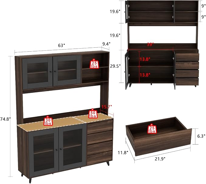 AGOTENI Large Kitchen Hutch Cabinet, Storage Cupboard Pantry - Image 2