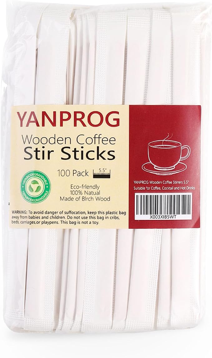 Wooden Coffee Stirrers Individually Wrapped 5.5" Coffee Stir Sticks 100 Pcs by YANPROG