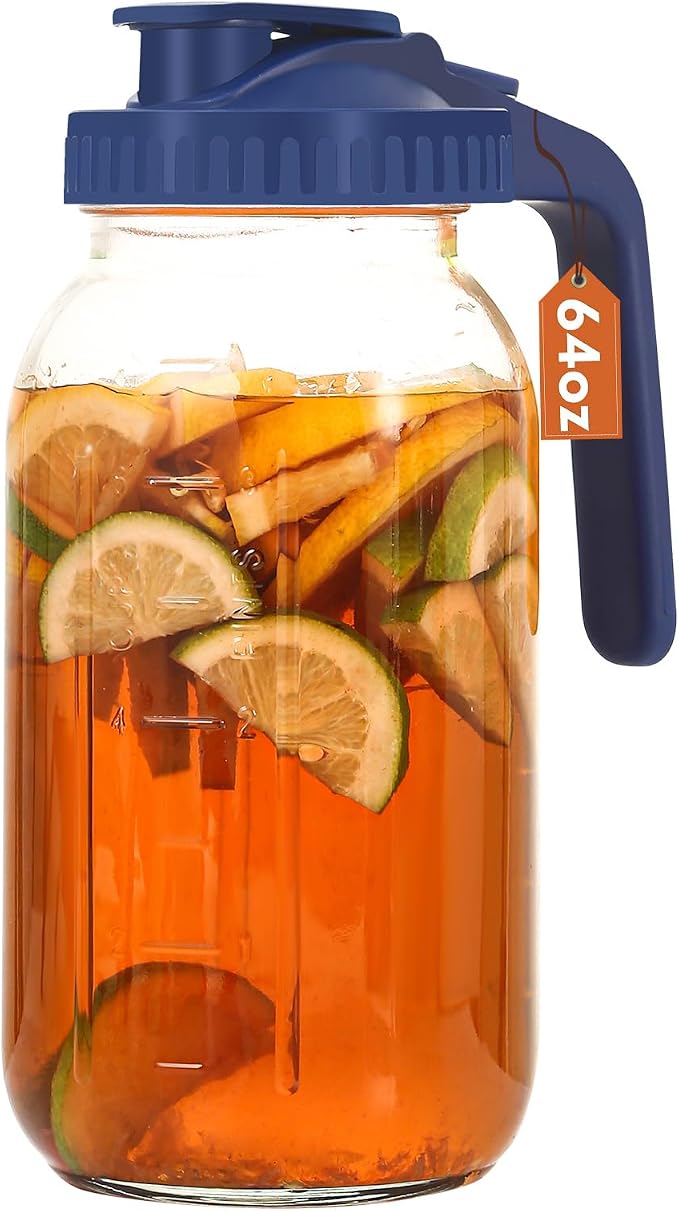 Mihlapi Glass Pitcher with Lid, 64 OZ Mason Jar Pitcher Double Leak Proof by Mihlapi