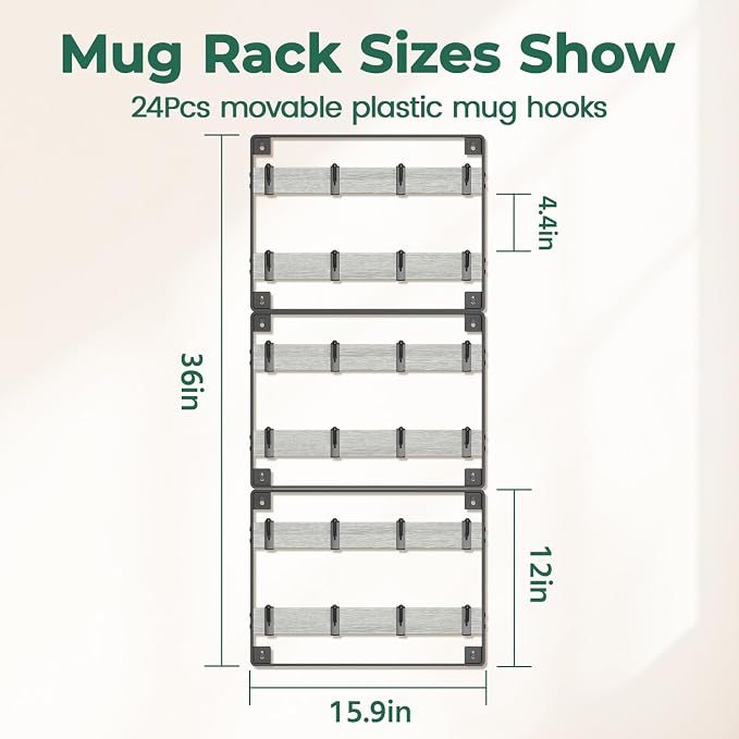 EsLuker.ly Mug Holder Hanger Rack Wall Mounted Wooden 3 Pack Coffee Cup Storage - Image 5