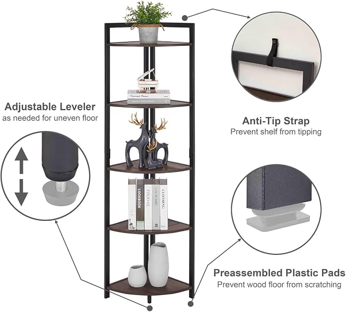 FATORRI Rustic Tall Corner Shelf, 5 Tier Industrial Corner Bookshelf - Image 4