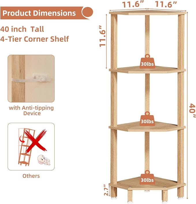 YUFAM 4-Tier Corner Shelf with Sturdy 5-Leg Base, Wooden Corner Bookshelf - Image 2