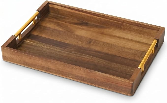 Acacia Wood Serving Tray with Golden Handles, 17x12 in Large Wooden Tray by S310
