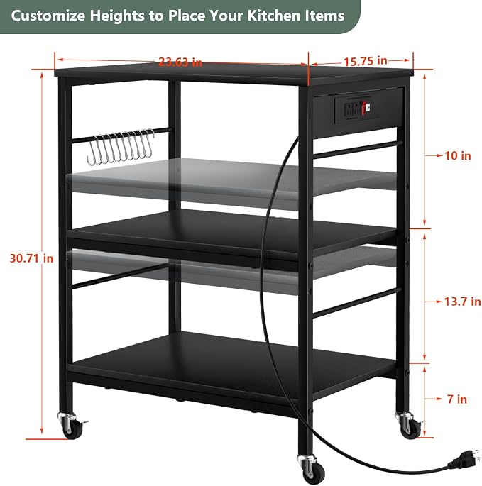 Bakers Rack with Power Outlet Microwave Shelf Stand Black Coffee Bar Table Cart - Image 3